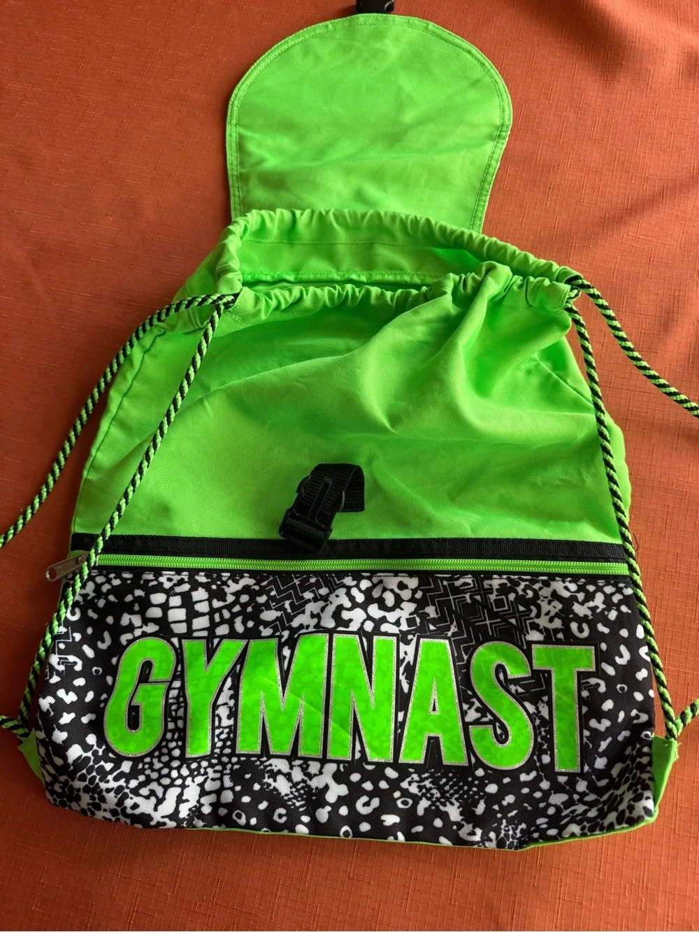 Justice Neon Green and Black Gymnast Drawstring Backpack